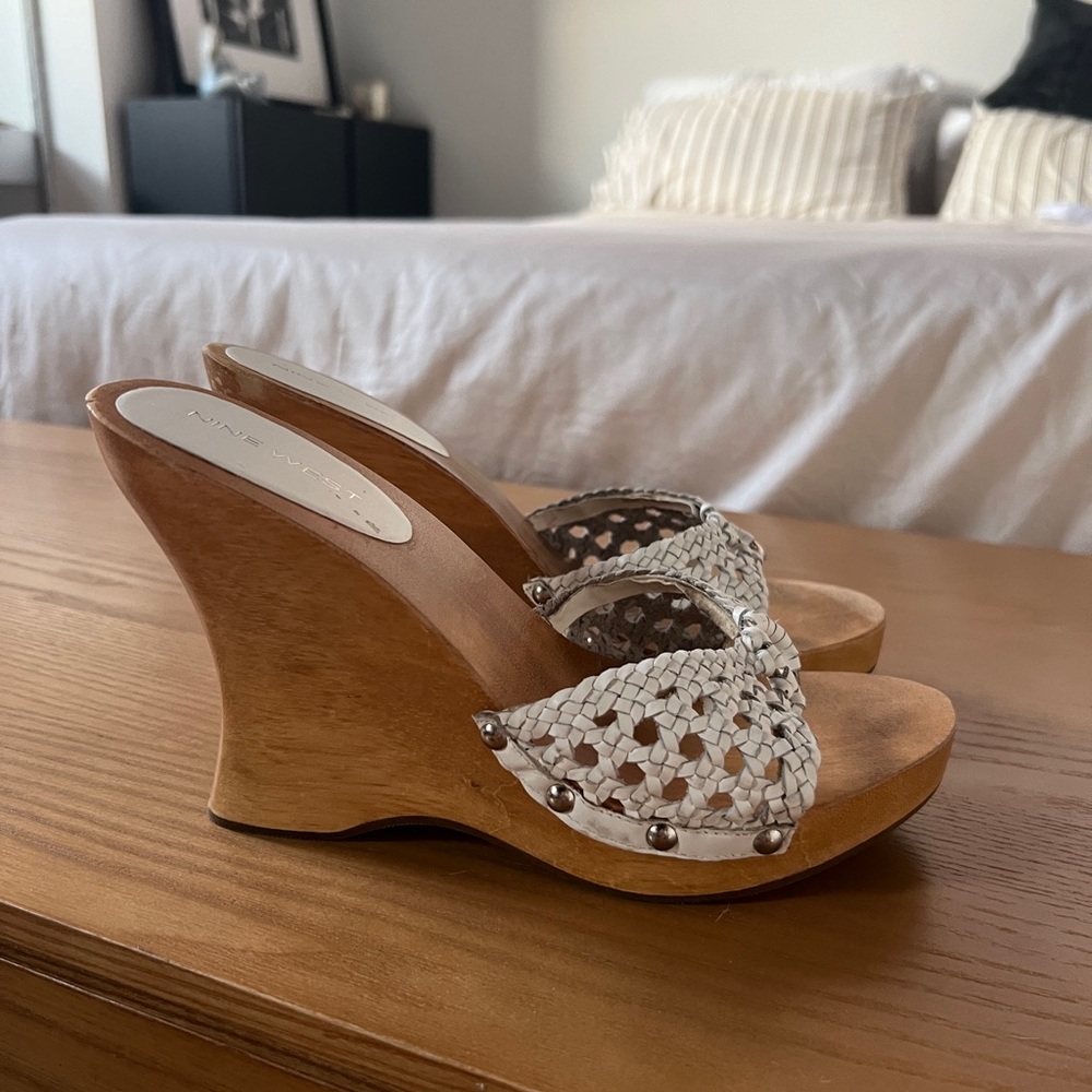 Vintage Nine West Wedge Sandals with White Crochet Detail